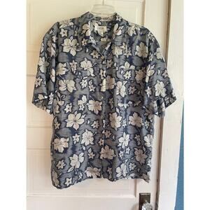 Cezar Size Large 100% Silk Short Sleeve Button Front Hawaiian Shirt Blue & White